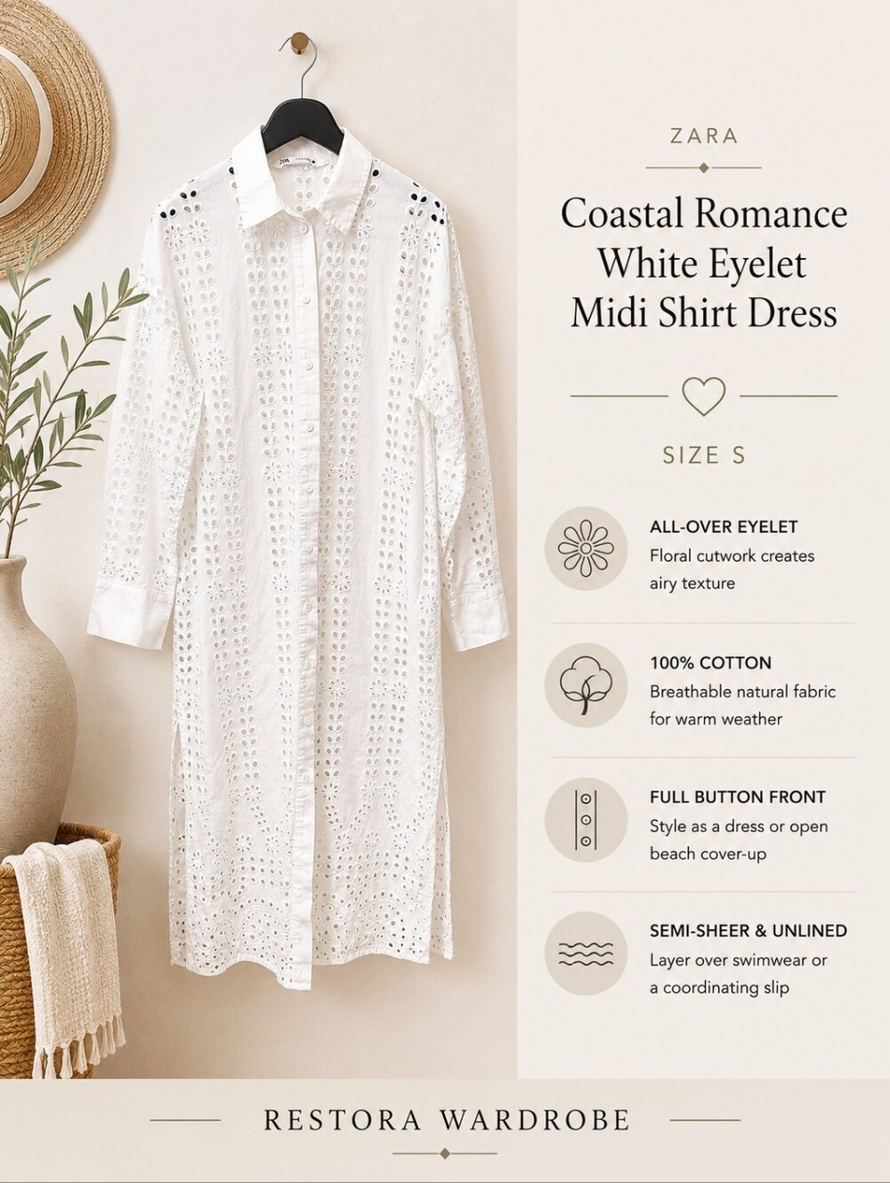 Zara Midi Shirt Dress White Cotton Eyelet Openwork Button Front S Resort